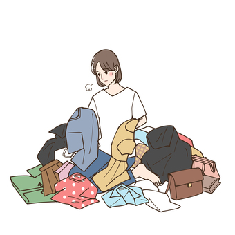 大量の服を持っている女性 断捨離,マキシマリスト,大量,女性,服,ファッション,迷う,捨てる,人物,バッグのイラスト素材