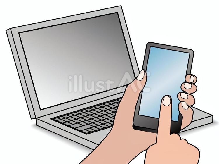 ノートパソコンとスマホ連携01_CS3 パソコン,スマホ,手のイラスト素材