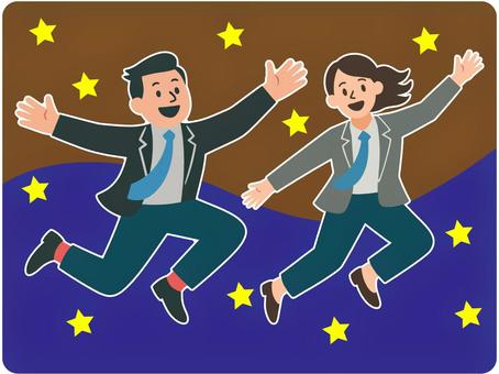 空中散歩を楽しむウキウキな男女カップル 空中,散歩,ジャンプ,浮遊,大空,星々,星,夜空,晴天,瞬きのイラスト素材