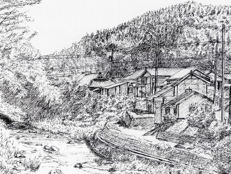 川沿いの家並み 風景画,風景,スケッチ,ペンスケッチ,ペン画,線画,白黒,モノクロ,家並み,田舎のイラスト素材