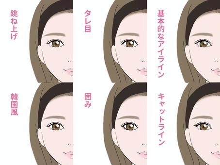 女性　アイライン　６パターン　文字有 アイライン,メイク,印象,雰囲気,立体感,方法,メリハリ,コスメ,美容,白バックのイラスト素材