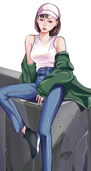 女性イラスト 女性,帽子,デニム,お洒落,人物のイラスト素材