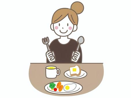 朝食を食べる女性 朝食を食べる女性 朝食,洋食,パン,女性,食べる,食事,目玉焼き,ウインナー,ミニトマト,ブロッコリーのイラスト素材