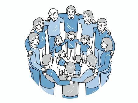 老若男女が手を繋いで円になるイラスト 円陣,手をつなぐ,チームワーク,団結,一体感,老若男女,世代交代,応援,喜び,笑顔のイラスト素材