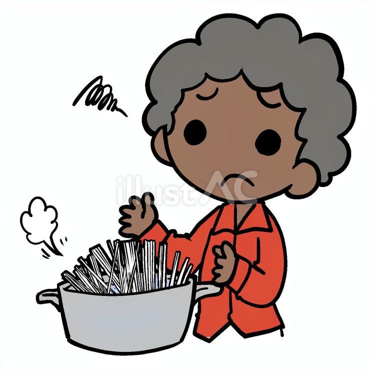 嫌々麺をゆでるアフロ男性 アフロ,麺,ゆでるのイラスト素材