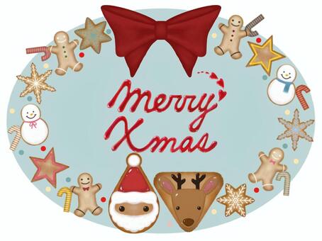 クッキーとベリーソースのクリスマスリース メリークリスマス,クッキー,ベリーソース,サンタ,カモシカ,雪だるま,雪の結晶,星,文字,英語のイラスト素材