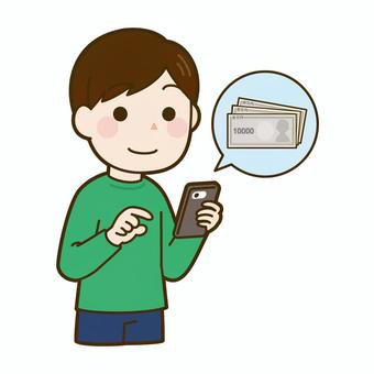 スマホでお金を稼ぐ男性 男性,スマホ,お金,副業,貯金,積み立て,稼ぐ,かわいいのイラスト素材