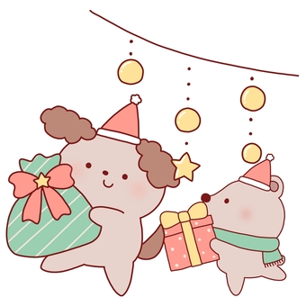 クリスマスプレゼントを持った犬くま クリスマス,プレゼント,犬,くま,イルミネーション,ライト,ガーランド,動物,サンタ,帽子のイラスト素材