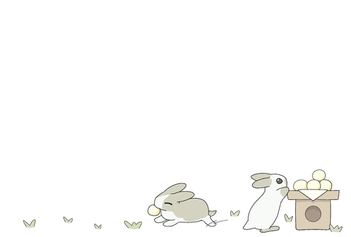 お月見団子をもらっていくうさぎのフレーム うさぎ,動物,お月見,月見団子,十五夜,お供え,食べ物,三方,草地,原っぱのイラスト素材