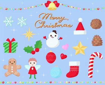 クリスマグッズセット クリスマス,かざり,ベル,クッキー,松ぼっくり,プレゼント,雪だるま,キャンディ,天使,星のイラスト素材