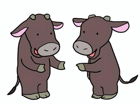 話し合う肉牛 牛,肉牛,和牛,2頭,話し合い,おしゃべり,仲良し,擬人化,全身のイラスト素材