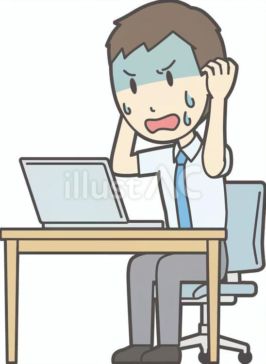  半袖ネクタイ男性-334-全身 パソコン,びっくり,男性のイラスト素材