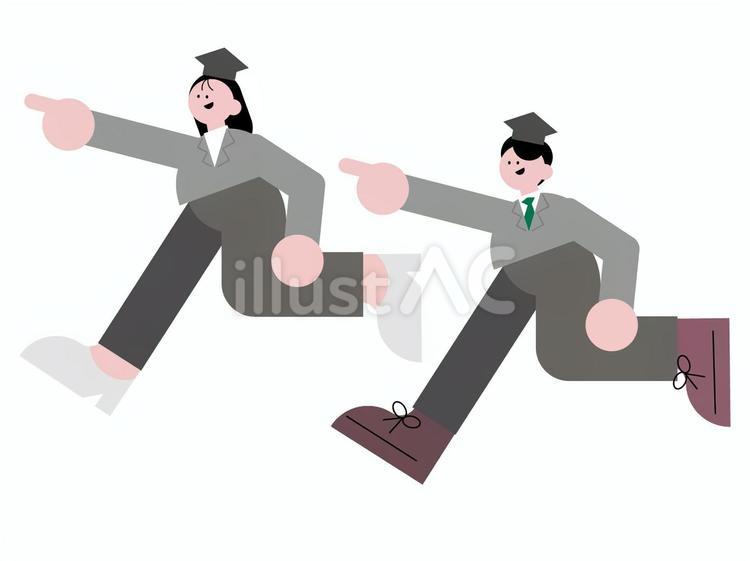 指さしで走る会社員の男女 会社員,おしゃれ,かわいいのイラスト素材