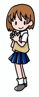手をくむ女の子３ 女の子,女学生,高校生,制服,中学生,10代,黒髪,ポーズ,笑う,かわいいのイラスト素材