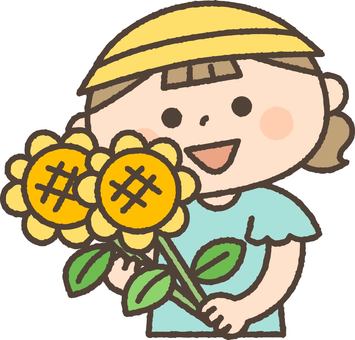 ひまわりを持つ女の子 人物,子供,女の子,ひまわり,花束,かわいい,夏,笑顔,イラスト,カットのイラスト素材