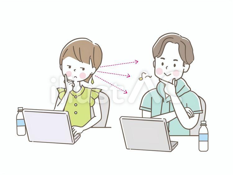 隣でPC作業をする男性が気になる女性 女性,男性,パソコンのイラスト素材