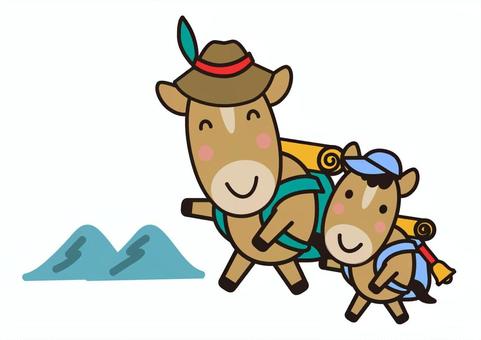 馬の親子と山のイラスト 馬,登山,山登り,キャンプ,リュック,ハイキング,2人,午年,令和8年,かわいいのイラスト素材