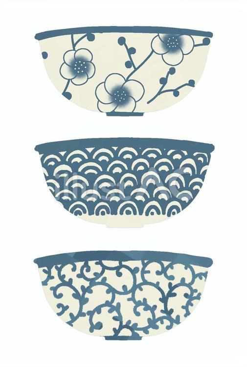 青い陶器の器3種 陶器,食器,茶碗のイラスト素材