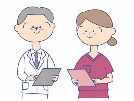 スクラブを着た女性⑨医師と話す 女性,医師,先生,看護師,白衣,おじいさん,検診,問診,バインダー,診断書のイラスト素材