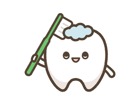 歯ブラシで自分を磨く歯のキャラクター 歯,歯医者,キャラクター,きれい,健康,虫歯,歯茎,ホワイトニング,白い,歯周病のイラスト素材