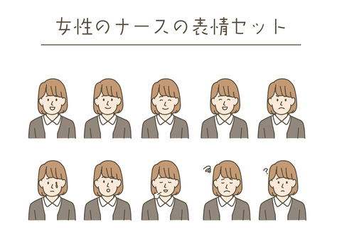 女性のナースの表情セット 表情,バストアップ,顔,笑顔,怒る,安心,ニコニコ,話す,説明,ムカつくのイラスト素材