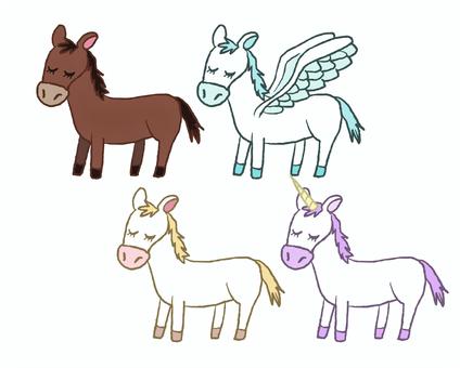 馬　イラストセット 手描き,馬,白馬,ペガサス,天馬,ユニコーン,動物,キャラクター,ファンタジー,架空のイラスト素材