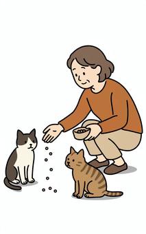 野良猫に餌やりする女性 野良猫,地域ネコ,女性,キャットフード,餌,ハチワレ,茶トラのイラスト素材