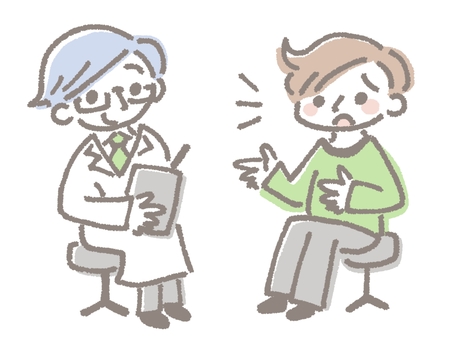 男性医師に話す男性患者 医師,医者,男性,患者,白衣,話す,症状,説明,訴える,問診のイラスト素材