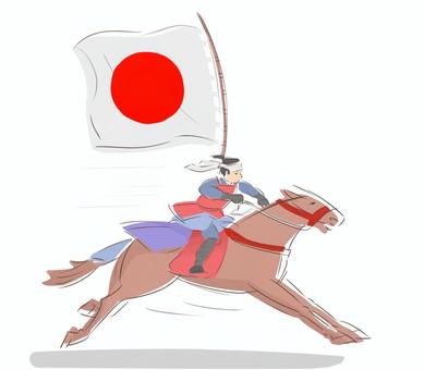 日の丸の旗を持ち馬に乗って走る 馬,日の丸,走る,鎧,旗,シンプル,午,年賀のイラスト素材