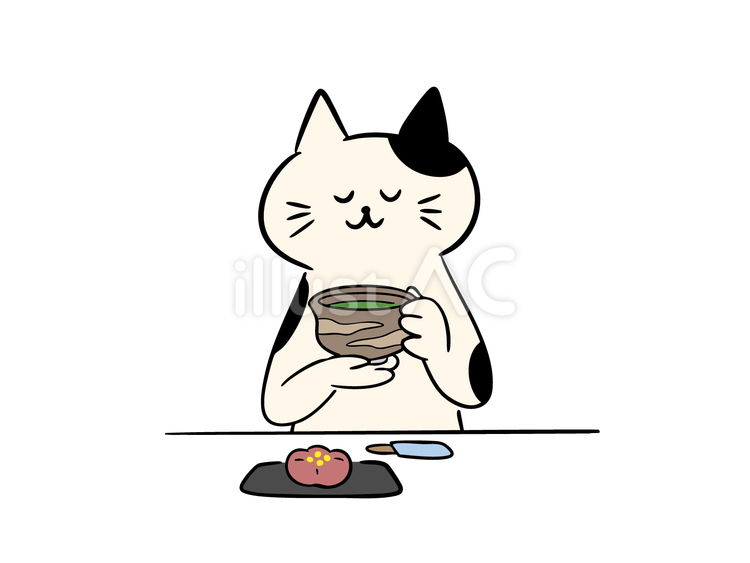 和菓子を楽しむ猫（カラー） 猫,和菓子,ねりきりのイラスト素材