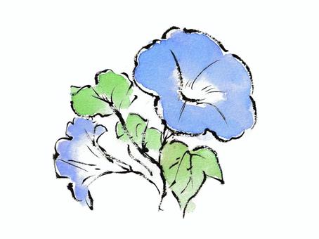 絵手紙風の青い朝顔 朝顔,花,植物,夏,青,7月,8月,葉,筆文字,毛筆のイラスト素材