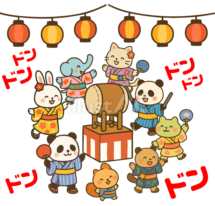 かわいい動物たちの盆踊り 盆踊り大会,夏祭り,夏休みのイラスト素材