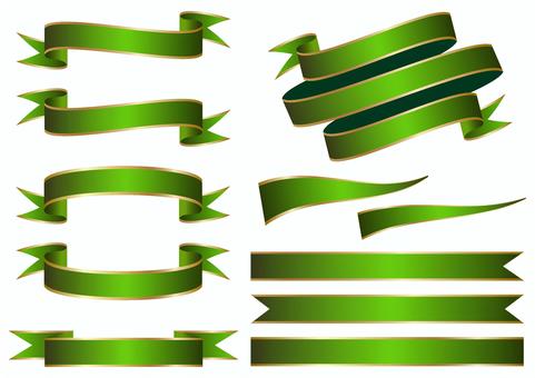 金縁のリボンセット　緑 リボン,帯,フレーム,タイトル,飾り枠,装飾,プレゼント,ギフト,見出し,バナーのイラスト素材