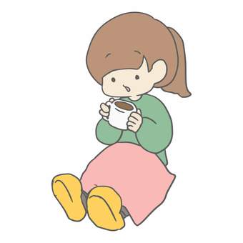 一息つく女の子 女の子,温かい,飲み物,コーヒー,紅茶,マグカップ,カフェ,ほっこり,癒し,ナチュラルのイラスト素材