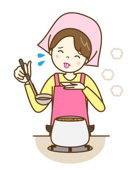 お料理　味見してちょっとしょっぱい 料理,ガスコンロ,コンロ,キッチン,エプロン,三角巾,主婦,夕食,朝食,昼食のイラスト素材