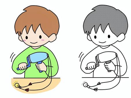 手回し発電機で電気を作る子 男の子,手回し発電機,電気,理科,授業,小学生,学校,実験のイラスト素材