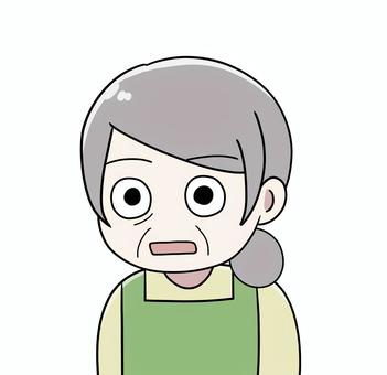 ポカンと口を開けるエプロン姿の年配女性2 おばあさん,かわいい,可愛い,手書き,手描き,なぜ,？,どうして,どうしよう,疑問のイラスト素材