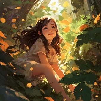 Illustration, girl, sunbeams leaves, cute, 