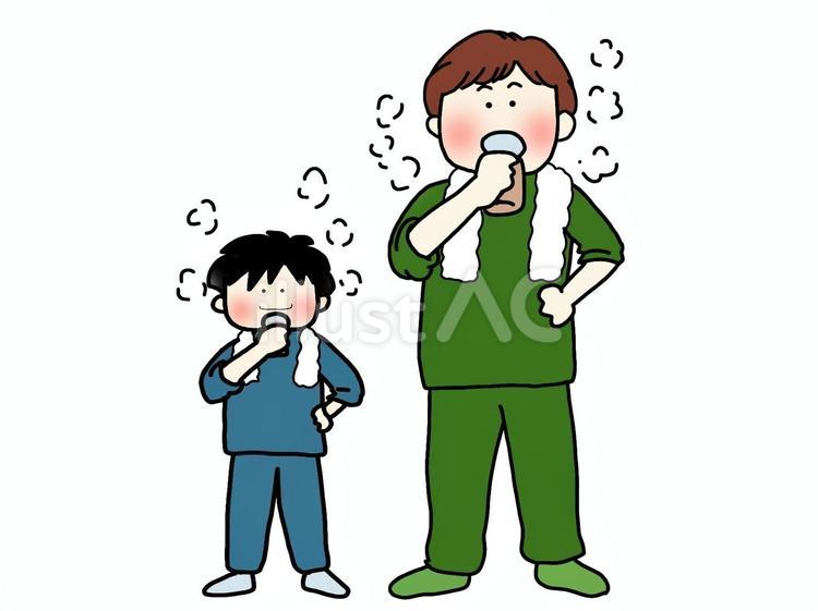 風呂上がりにコーヒー牛乳を飲む父子 挿絵,ポカポカ,風呂上がりのイラスト素材