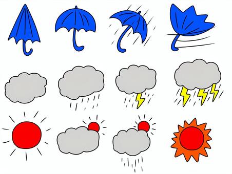 天気セット 天気,天候,気象,予報,傘,雨,大雨,豪雨,突風,曇りのイラスト素材