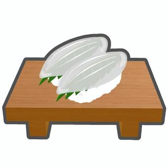 寿司　イカ 寿司,にぎりずし,酢飯,ポップ,手描き,木製皿,シンプル,イカ,大葉のイラスト素材