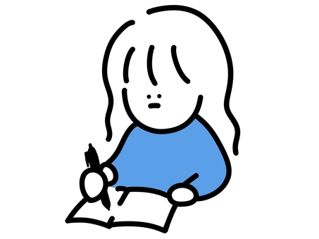 ノートを書く女の子 女性,女の子,ゆるい,優しい,かわいい,挿し絵,ラフ,手書き,青色,水色のイラスト素材