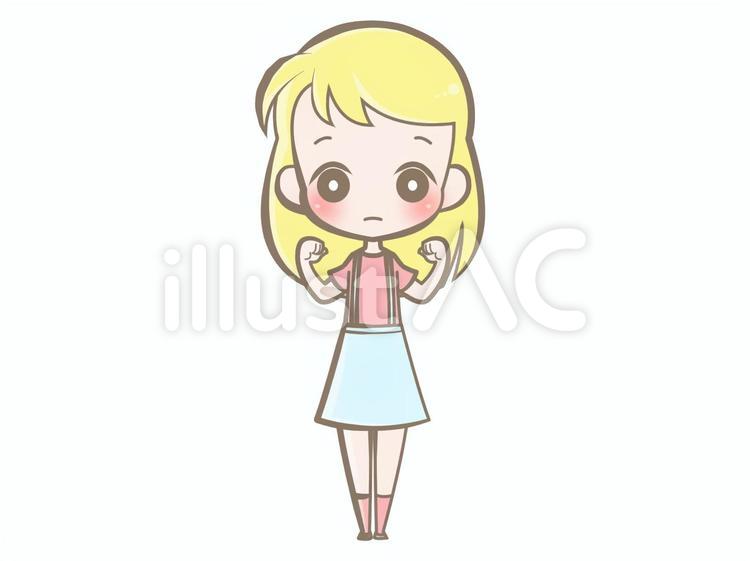 全身-拳-外国人少女-無表情200806 女の子,無表情,ガッツポーズのイラスト素材