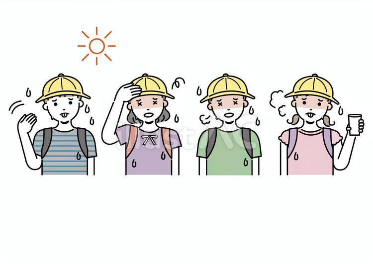 熱中症の小学生たちのセット 熱中症,熱中症対策,熱中症予防のイラスト素材