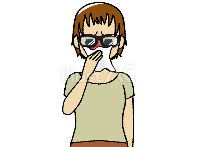 ティッシュで鼻を押さえる花粉眼鏡の女性３ 女性,手描き,可愛いのイラスト素材