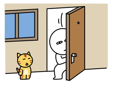 そっと部屋から出てくる棒人間 覗く,棒人間,見る,ネコ,注意,扉,ドア,猫,家,ペットのイラスト素材