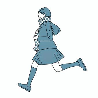 走るマフラー姿の女子生徒 女性,学生,制服,生徒,学生服,全身,走る,マフラー,ブレザー,活発のイラスト素材