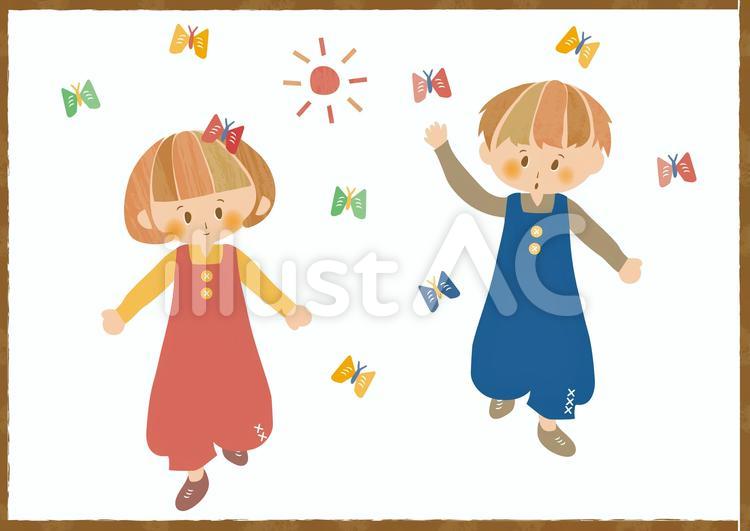蝶々とこどもたち 遊ぶ,蝶々,子供のイラスト素材