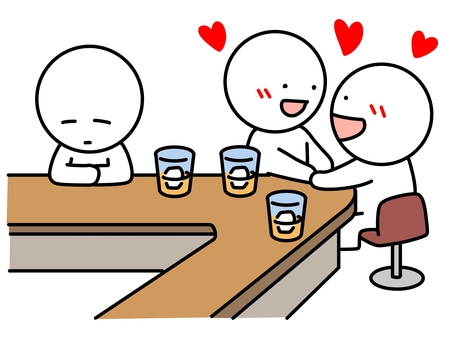 カップルの横で静かに座る棒人間 孤独,寂しい,棒人間,カップル,イチャイチャ,ハート,辛い,惨め,カウンター,バーのイラスト素材