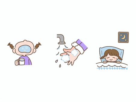 こども　手洗い　うがい　睡眠　セット 手洗い,うがい,睡眠,習慣,風邪,保健,キッズ,こども,女の子,女児のイラスト素材
